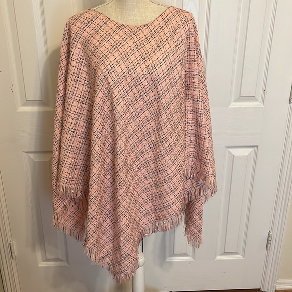 Apostrophe Woman Pink Fringed Tweed Poncho/ 3X - Picture 2 of 6